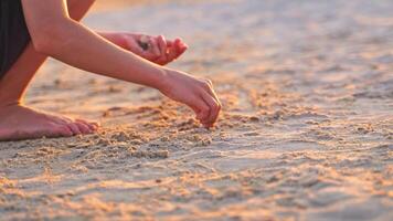 Close-up boys hands playing in sand at sunset. Boy putting different pebbles into sand in the evening. Child is having fun during summer holidays. video