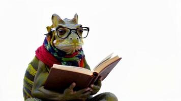 A chameleon in glasses and a scarf is reading a book, sitting on a white background. video