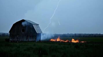 Lightning striking near barn causing fire in field during stormy night. video