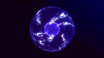 Glowing blue purple liquid ball of plasma with core of magical fractals. Energy sphere surrounded by a field of bright shining particles. Fjuid flowing orb on dark background. 4k 60fps looped graphic. video