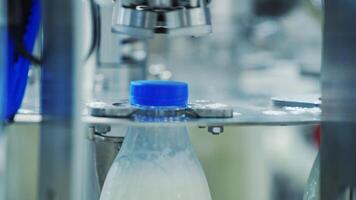 Robotic machine of twisting lid on a plastic bottle. Automated process of putting cover on a bottle with milk in a modernized diary plant. Close-up. video