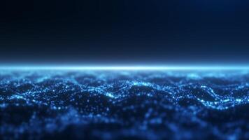 Blue digital water surface made of glowing energy flowing particles with white shining sunset. Futuristic fantasy hi tech technology screensaver for business. 4k 60fps looped graphic. video