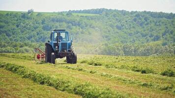 Front view of a tractor working on the field in summer. Agricultural machine changing dried grass on the natural field background. video