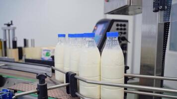 Automated company for packaging milk. Plastic bottles with fresh white milk on a conveyor belt. Modernized dairy plant. video