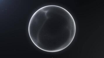 Gray glowing digital sphere of a stream of plasma particles on a dark background. Magical energy futuristic orb surrounded by fractal field. Fantasy sci fi dynamic shiny core. 4k 60fps looped graphic. video