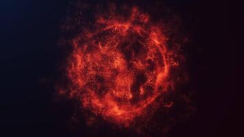 Red glowing flame of bright shining flowing particles of energy on dark sci fi background. Magic plasma core ejecting streams of powerful fantasy ashes fractals. 4k 60fps abstract looped graphic. video