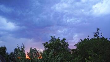 Strong wind shakes the tops of trees on the sky with lightning background. Strong lightning on the blue sky with moving clouds in the evening. video