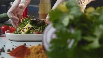 cocinero prepara ensalada de verduras, hierbas, tocino, y queso, todas sazonado con delicioso miel mostaza vendaje, para servicio a clientes. video