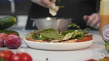 Process of crafting an exquisite vegetarian sandwich in confines of restaurant kitchen, involving creation of salad and the use of plethora of wholesome vegetables, is culinary masterpiece. Close up. video