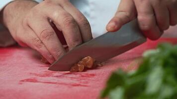 Skilled hands of a professional chef expertly slice salmon using a sharp knife on a chopping board in the restaurant kitchen. Close up video