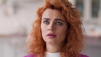 Sad bad mood thinking problem upset frustrated sorrow grief confused portrait Caucasian woman female girl homeowner at home looking at camera face unwell think medicine loan mortgage insurance trouble video
