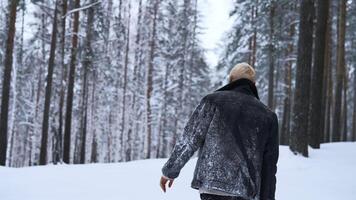 Lone man walking through snow. Media. Young guy with snow on his jacket feeling alone and isolated in cold forest. video
