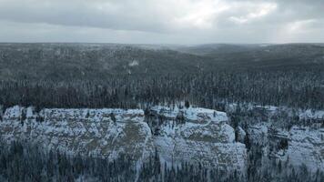 Aerial view of mountain cliff and river. Clip. Frosty cold snowy morning and the endless evergreen pine forest. video