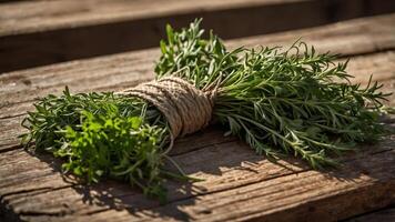 A bundle of fresh herbs tied with twine, resting on a rustic wooden surface. photo