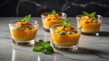 A delightful dessert featuring mango pudding topped with mint and fresh mango pieces. photo