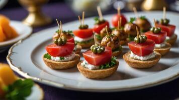 A platter of elegant appetizers featuring tomatoes, olives, and creamy toppings. photo