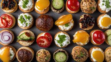 A colorful assortment of bite-sized appetizers garnished with various toppings. photo