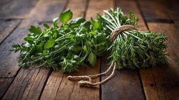 A bundle of fresh herbs tied with twine on a wooden surface. photo