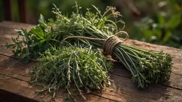 A bundle of fresh herbs tied with twine on a wooden surface, suggesting culinary use. photo
