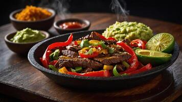 A sizzling platter of fajitas with beef, peppers, guacamole, and sauces, served with lime. photo