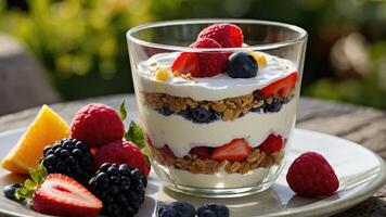 A delicious parfait layered with yogurt, granola, and fresh berries. photo
