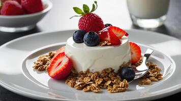 A dessert featuring yogurt, granola, and fresh berries, elegantly plated for a delightful treat. photo