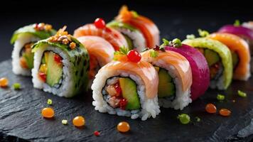 A vibrant assortment of sushi rolls displayed on a dark slate surface. photo