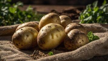 A rustic arrangement of fresh, unwashed potatoes on a burlap cloth with greenery. photo