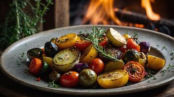 A vibrant plate of roasted vegetables garnished with herbs, showcasing a rustic culinary dish. photo