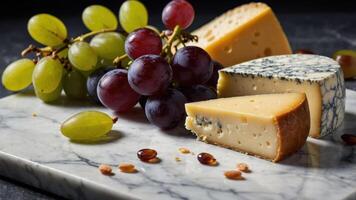 A selection of cheeses with grapes on a marble board, ideal for a charcuterie display. photo