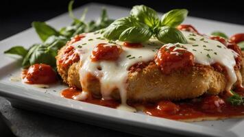 A delicious plate of chicken parmesan topped with marinara sauce and fresh basil. photo