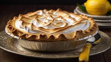 A beautifully baked lemon meringue pie with golden peaks, presented elegantly on a table. photo