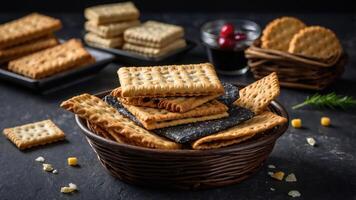 A basket of assorted crackers with a dark background, showcasing a variety of textures. photo