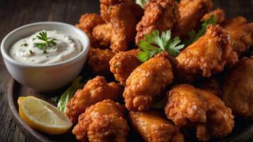 A delicious platter of crispy chicken wings served with a creamy dip and garnished with herbs. photo