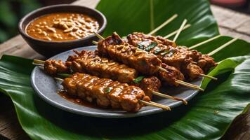 A plate of grilled skewers served with peanut sauce on a green leaf. photo