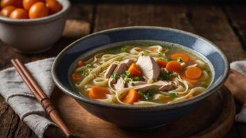 A bowl of chicken noodle soup with carrots, herbs, and a side of eggs. photo