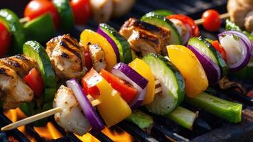 Grilled skewers with colorful vegetables and chicken on a barbecue. photo