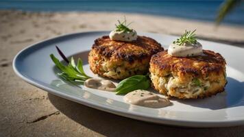 Two crab cakes garnished with sauce and herbs, served on a beachside plate. photo