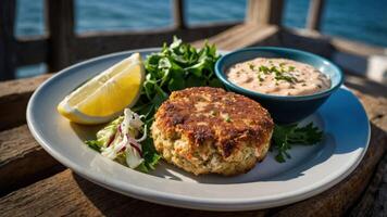 A plate featuring a crab cake, salad, lemon, and dipping sauce against a scenic backdrop. photo