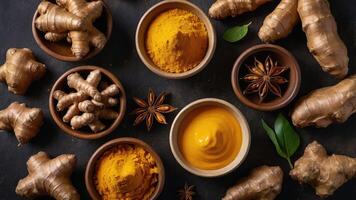 A vibrant arrangement of turmeric, ginger, and spices in bowls on a dark surface. photo