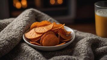 A cozy setting featuring a bowl of sweet potato chips and a drink on a knitted blanket. photo