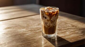 A glass of iced coffee with cream and caramel on a wooden table, illuminated by sunlight. photo
