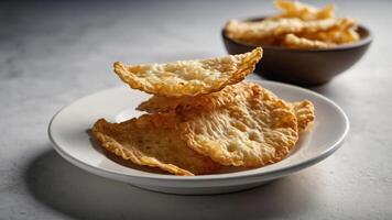 A plate of crispy cheese snacks with a bowl of more snacks in the background. photo