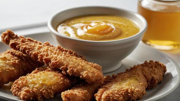 crujiente frito pollo licitaciones servido con un cuenco de miel mostaza salsa y un tarro de Miel. foto