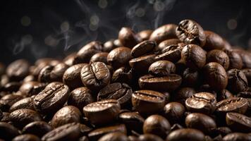 A close-up of roasted coffee beans with steam, highlighting their rich texture and aroma. photo