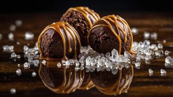 Three chocolate truffles drizzled with caramel on a reflective surface. photo