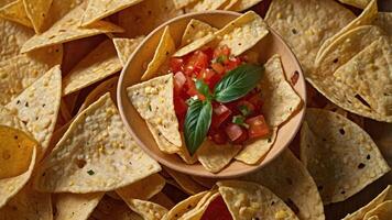 A bowl of salsa surrounded by tortilla chips, perfect for snacking or sharing. photo