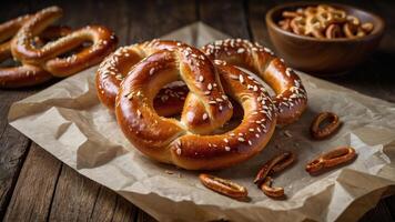 A delicious display of pretzels on parchment paper, perfect for snacking. photo