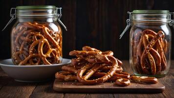 Two jars filled with pretzels, with some on a wooden board, creating a cozy snack setting. photo