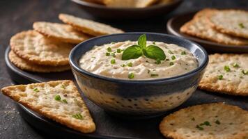 A bowl of creamy dip surrounded by crispy crackers, ideal for snacking or entertaining. photo